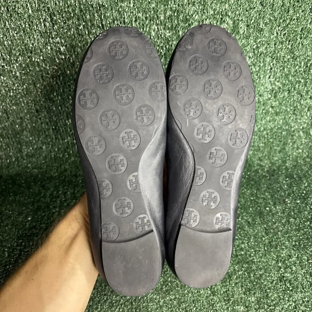 Tory Burch Women's 8 M Black Leather Ballet‎ Flats Round Toe Slip On Logo Accent